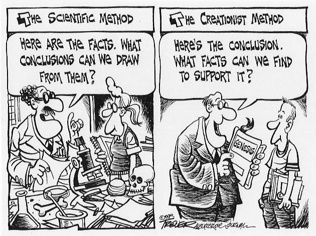 John Trever cartoon: Scientific Method / Creationist Method